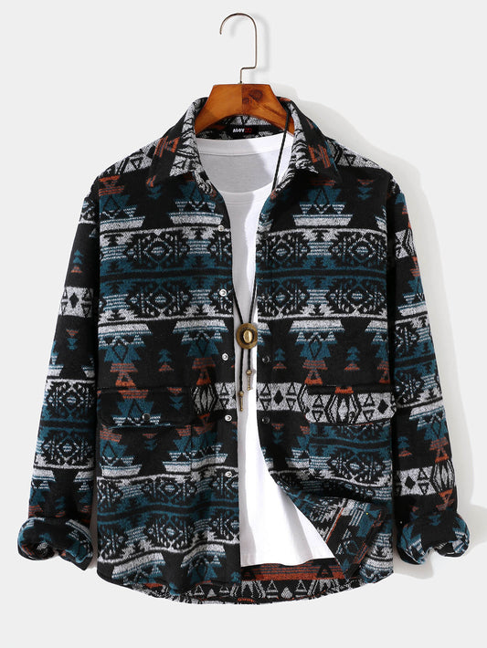 Mens Aztec Flannel Long Sleeve Button Up Overshirt