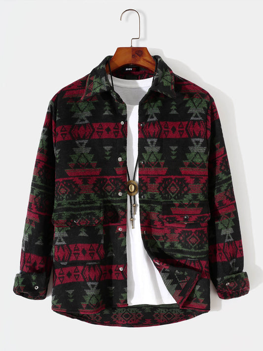 Mens Aztec Flannel Long Sleeve Button Up Overshirt