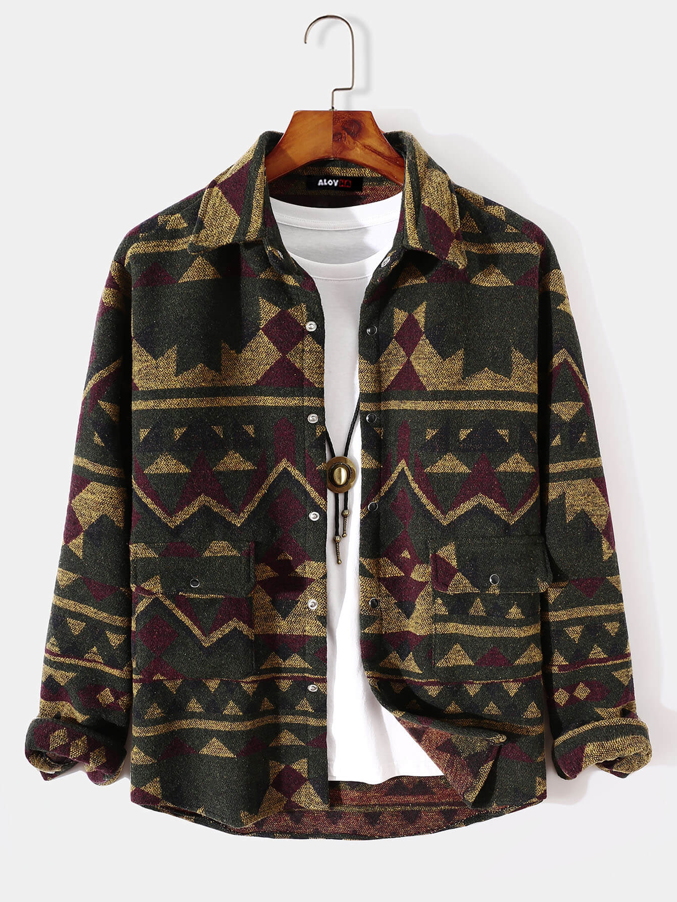 Mens Aztec Flannel Long Sleeve Button Up Overshirt