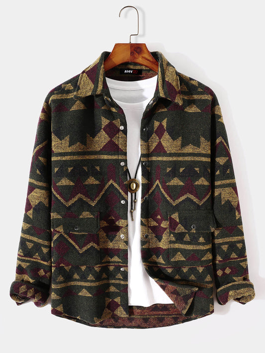 Mens Aztec Flannel Long Sleeve Button Up Overshirt