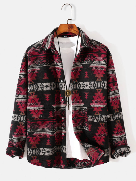 Mens Aztec Flannel Long Sleeve Button Up Overshirt